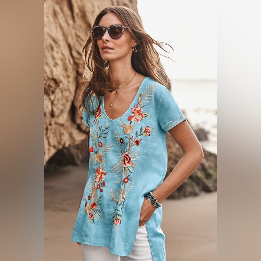 Johnny Was Pink Embroidered V-Neck Tunic Top - Picture 10 of 10